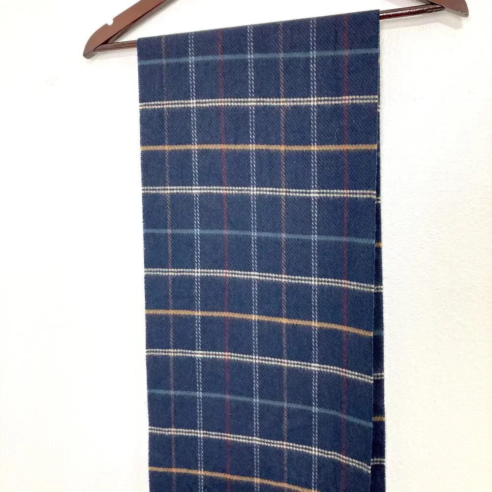 Perry Ellis Vintage Navy Plaid Fleece Scarf 11 x 65 Classic Preppy Warm 90s